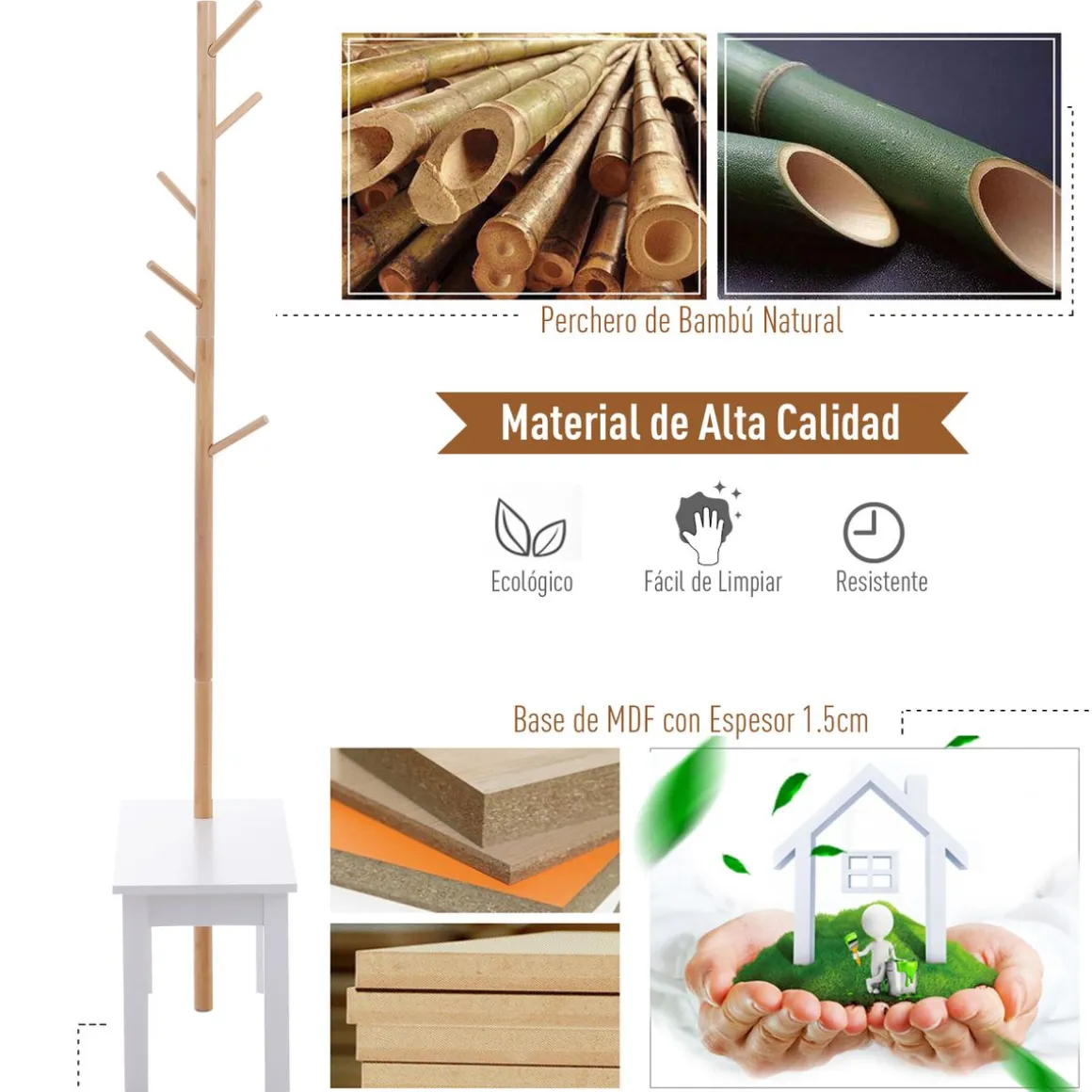 Perchero Tree Homcom 6 ganchos + banco blanco/natural 180x80x30 cm