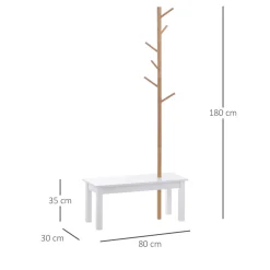 Perchero Tree Homcom 6 ganchos + banco blanco/natural 180x80x30 cm