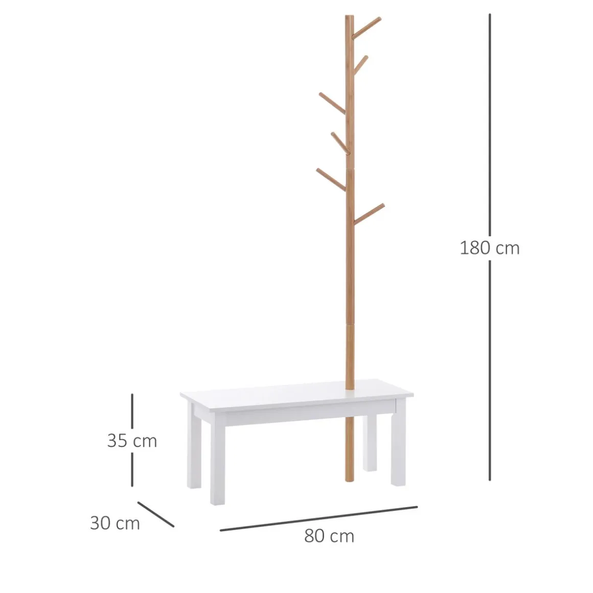 Perchero Tree Homcom 6 ganchos + banco blanco/natural 180x80x30 cm