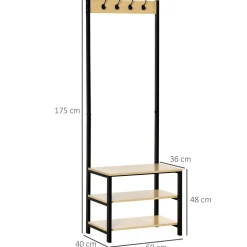 Perchero zapatero Filo Homcom 3 niveles + 4 ganchos negro/natural 175x60x40 cm
