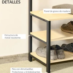 Perchero zapatero Filo Homcom 3 niveles + 4 ganchos negro/natural 175x60x40 cm