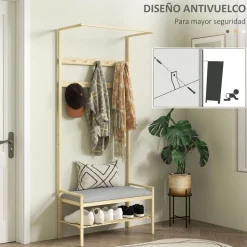 Perchero zapatero Nova ganchos y banco gris/natural 171x73,5x34 cm