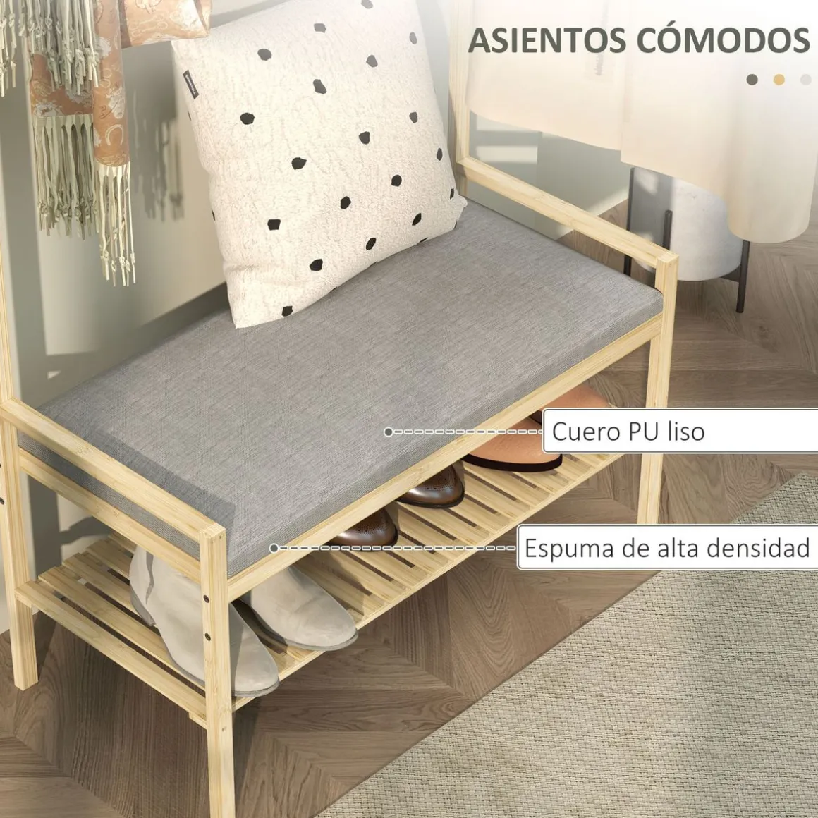 Perchero zapatero Nova ganchos y banco gris/natural 171x73,5x34 cm