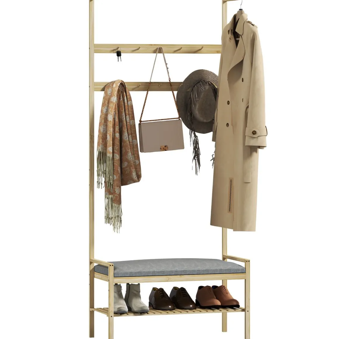 Perchero zapatero Nova ganchos y banco gris/natural 171x73,5x34 cm