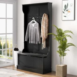 Perchero zapatero Ritual Homcom con banco y 5 ganchos negro 179,7x96x34 cm