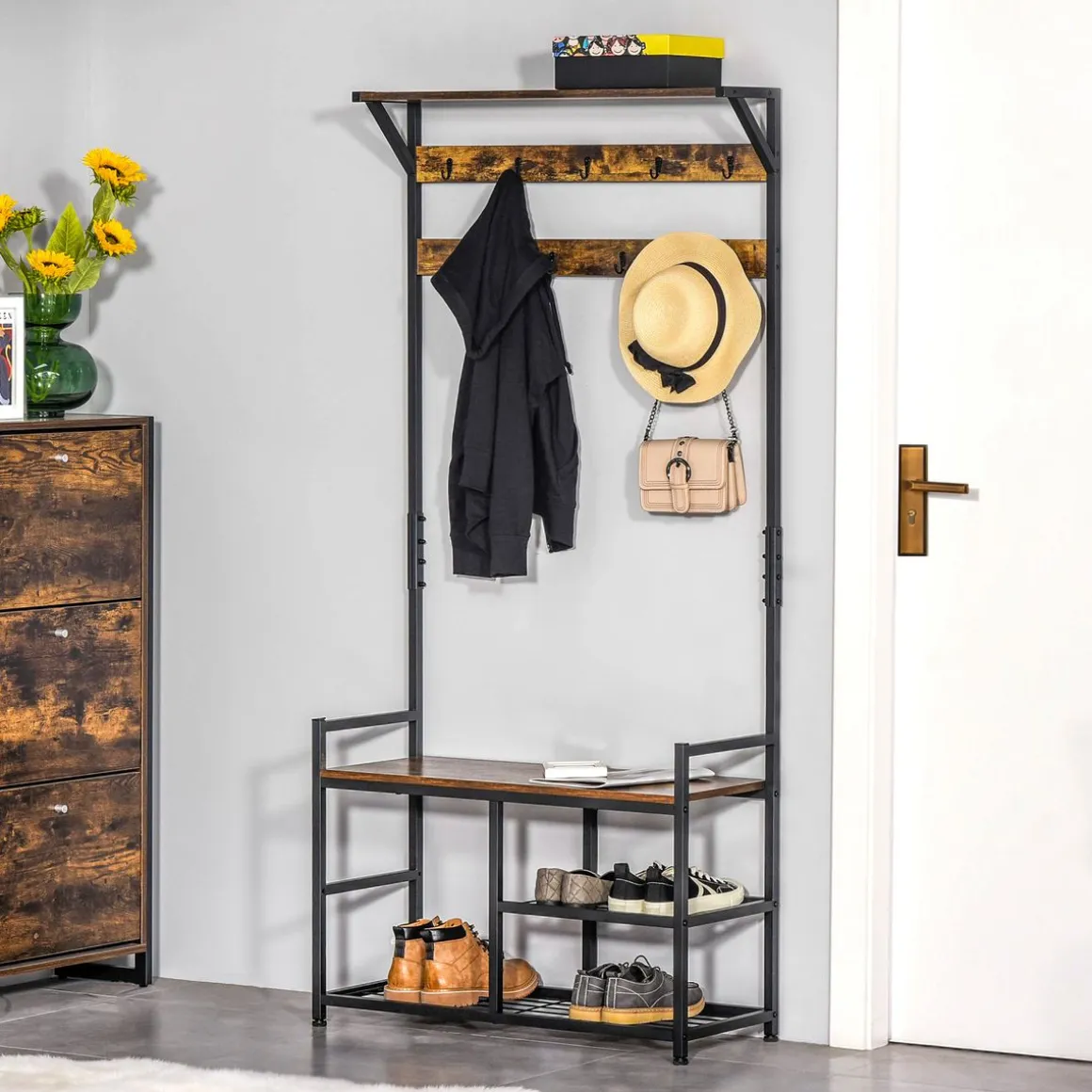 Perchero zapatero Tumar Homcom 3 estantes + 9 ganchos marrón/negro 180x84x34,5 cm