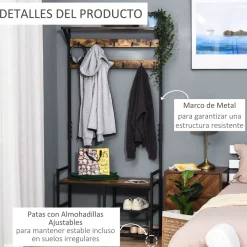Perchero zapatero Tumar Homcom 3 estantes + 9 ganchos marrón/negro 180x84x34,5 cm