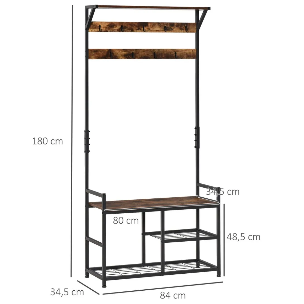 Perchero zapatero Tumar Homcom 3 estantes + 9 ganchos marrón/negro 180x84x34,5 cm