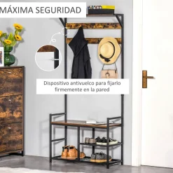 Perchero zapatero Tumar Homcom 3 estantes + 9 ganchos marrón/negro 180x84x34,5 cm