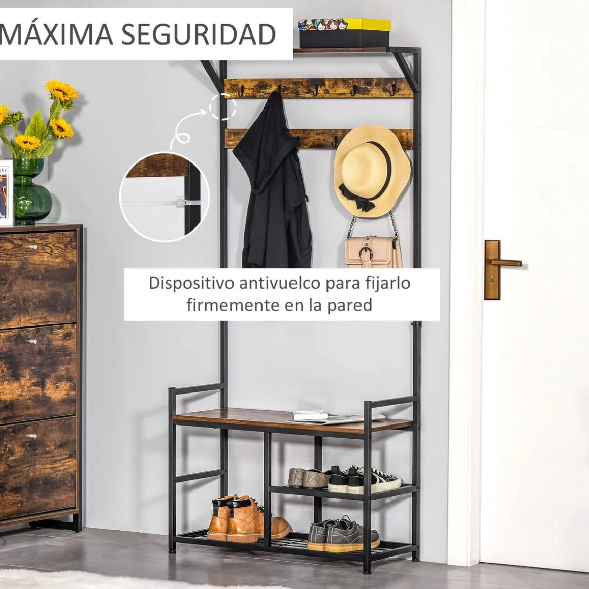 Perchero zapatero Tumar Homcom 3 estantes + 9 ganchos marrón/negro 180x84x34,5 cm
