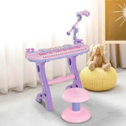 Piano con asiento Homcom con luz y sonido+micrófono +3A rosa/lila