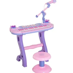 Piano con asiento Homcom con luz y sonido+micrófono +3A rosa/lila