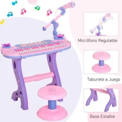 Piano con asiento Homcom con luz y sonido+micrófono +3A rosa/lila