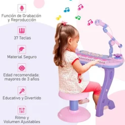 Piano con asiento Homcom con luz y sonido+micrófono +3A rosa/lila