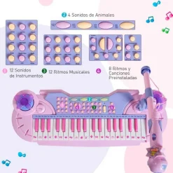 Piano con asiento Homcom con luz y sonido+micrófono +3A rosa/lila