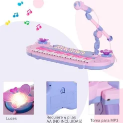 Piano con asiento Homcom con luz y sonido+micrófono +3A rosa/lila