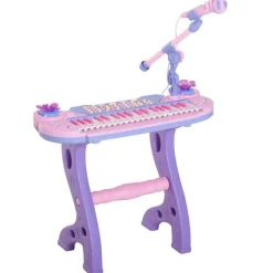 Piano con asiento Homcom con luz y sonido+micrófono +3A rosa/lila