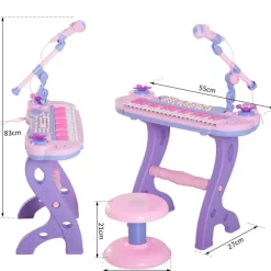 Piano con asiento Homcom con luz y sonido+micrófono +3A rosa/lila