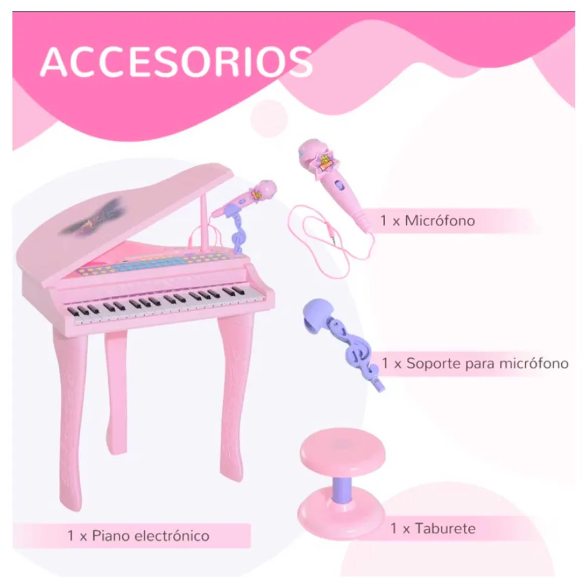 Piano infantil Homcom teclado + micrófono + taburete USB/MP3 rosa 69x48x39 cm