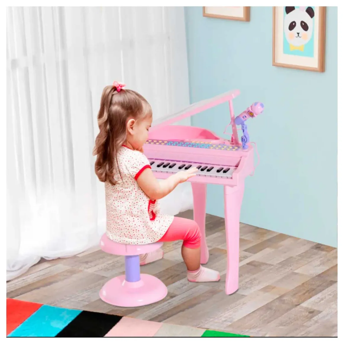 Piano infantil Homcom teclado + micrófono + taburete USB/MP3 rosa 69x48x39 cm