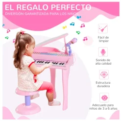 Piano infantil Homcom teclado + micrófono + taburete USB/MP3 rosa 69x48x39 cm