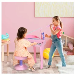 Piano infantil Homcom teclado + micrófono + taburete USB/MP3 rosa 69x48x39 cm