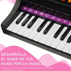 Piano infantil Mozart Homcom taburete + micrófono + 22 canciones negro 69x48x39 cm