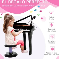 Piano infantil Mozart Homcom taburete + micrófono + 22 canciones negro 69x48x39 cm