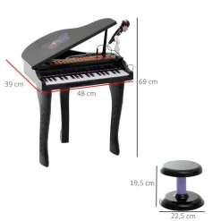 Piano infantil Mozart Homcom taburete + micrófono + 22 canciones negro 69x48x39 cm