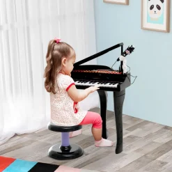 Piano infantil Mozart Homcom taburete + micrófono + 22 canciones negro 69x48x39 cm