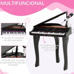Piano infantil Mozart Homcom taburete + micrófono + 22 canciones negro 69x48x39 cm