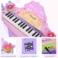 Piano infantil Star Homcom asiento + micrófono rosa 55x45x21 cm