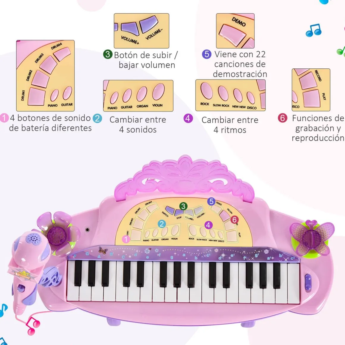 Piano infantil Star Homcom asiento + micrófono rosa 55x45x21 cm