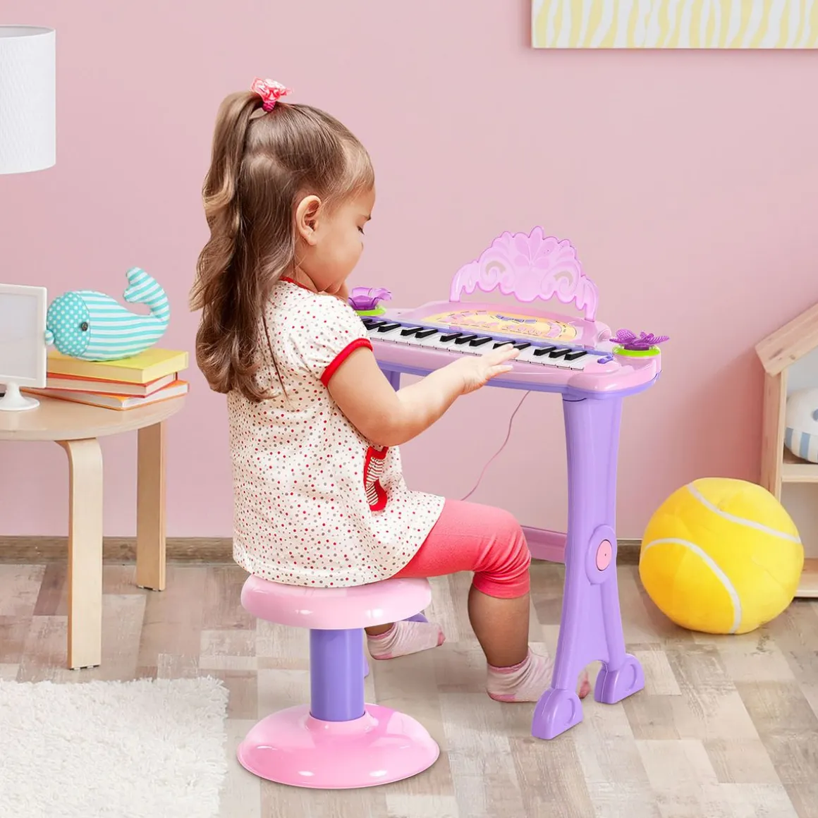 Piano infantil Star Homcom asiento + micrófono rosa 55x45x21 cm
