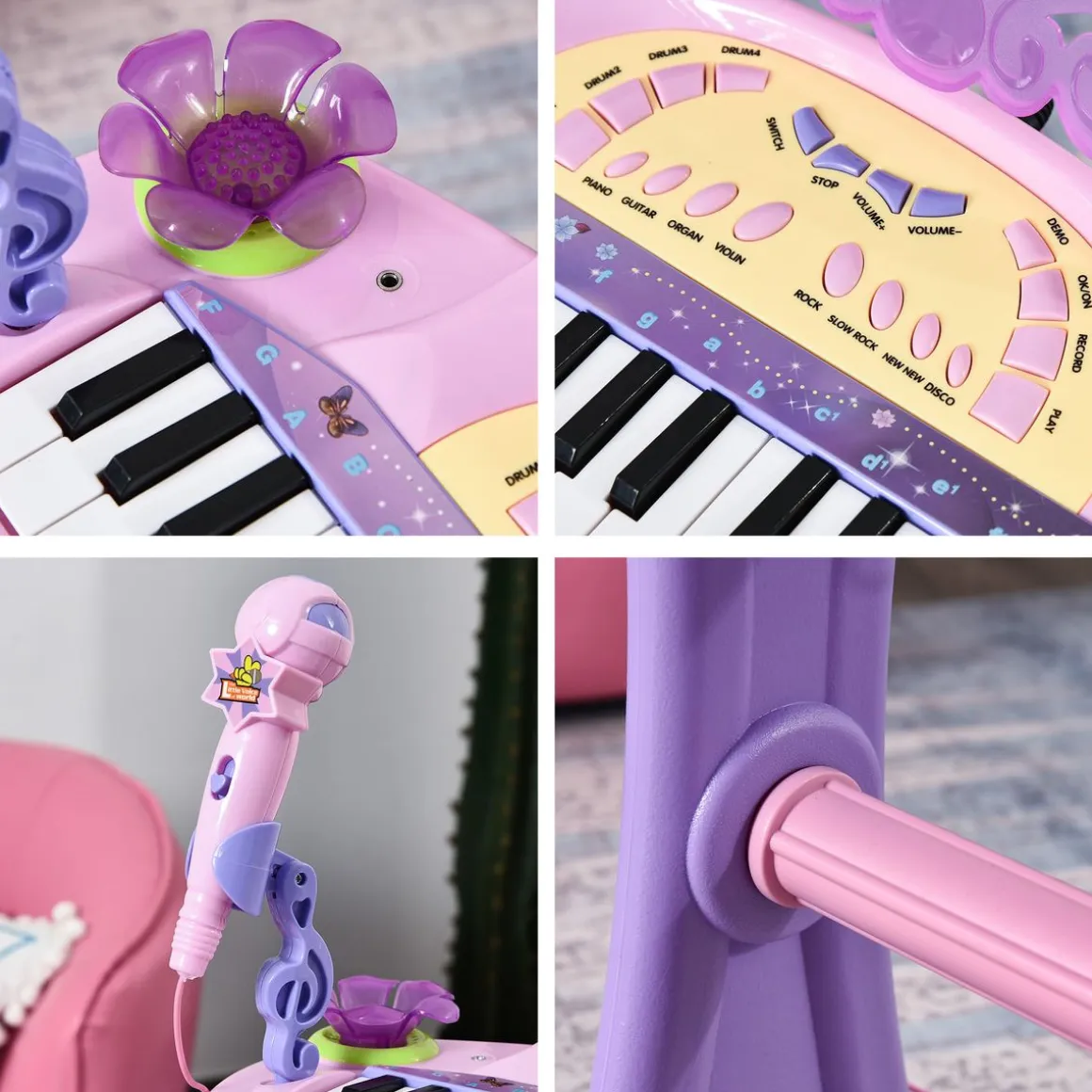 Piano infantil Star Homcom asiento + micrófono rosa 55x45x21 cm