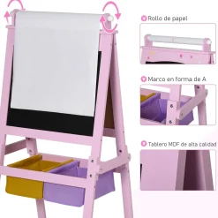 Pizarra infantil Homcom 3 en 1 + cestas rosa 118x58,5x50,5 cm