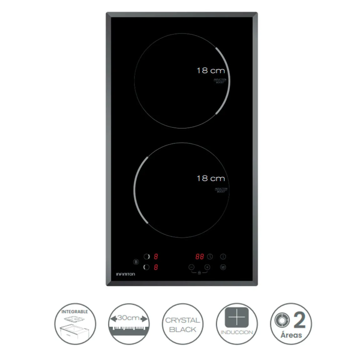 Placa de inducción Infiniton IND-230N 3800 cm 2 zonas 9 niveles control táctil acabado Crystal Black 28,8 cm
