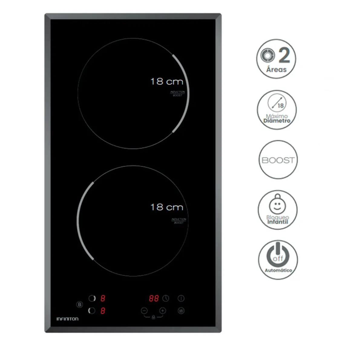 Placa de inducción Infiniton IND-230N 3800 cm 2 zonas 9 niveles control táctil acabado Crystal Black 28,8 cm