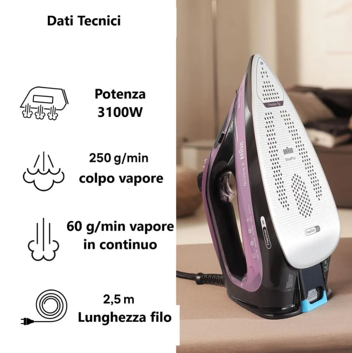Plancha de vapor Braun SI9661VI 3100W suela EloxalPlus 250 g/min morado