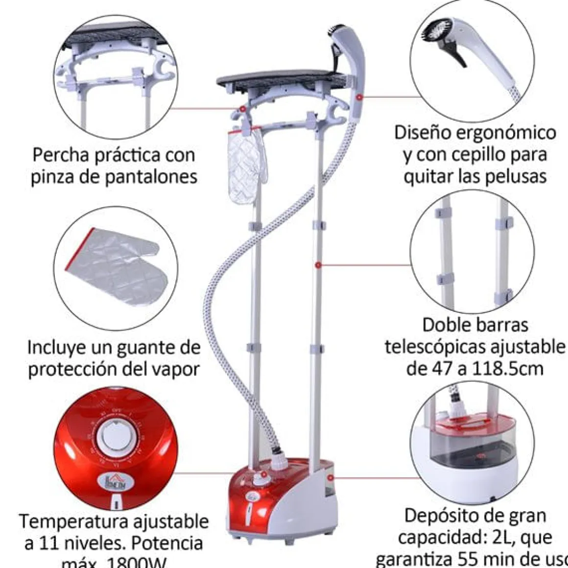 Plancha de vapor vertical Homcom 1800W 2L 11 niveles de temperatura