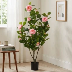 Planta artificial Camelia con macetero verde/rosa 110 cm