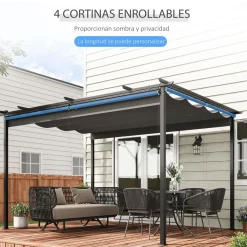 Pérgola de jardín Outsunny techo retráctil 4 cortinas enrollables gris oscuro 4x3m