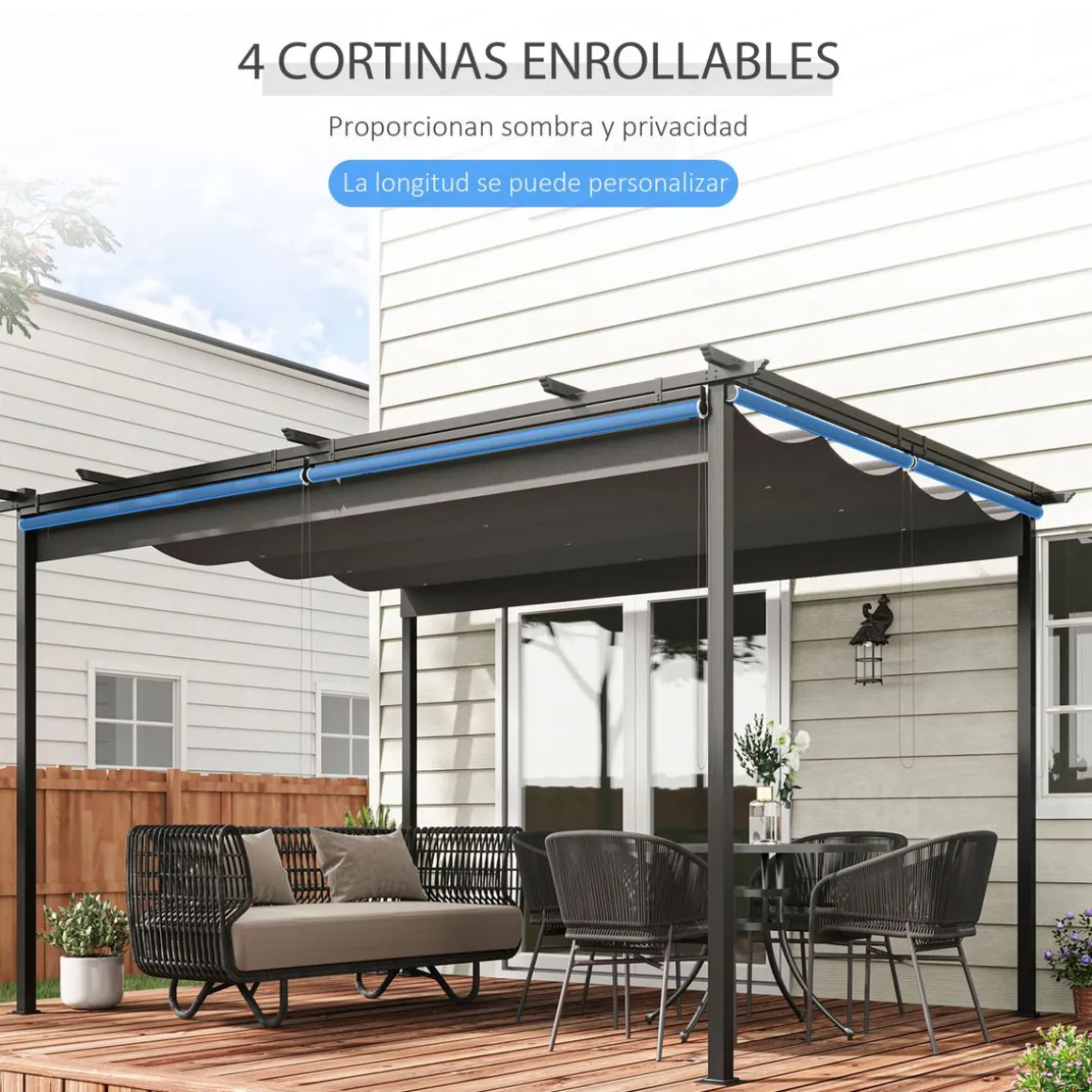 Pérgola de jardín Outsunny techo retráctil 4 cortinas enrollables gris oscuro 4x3m