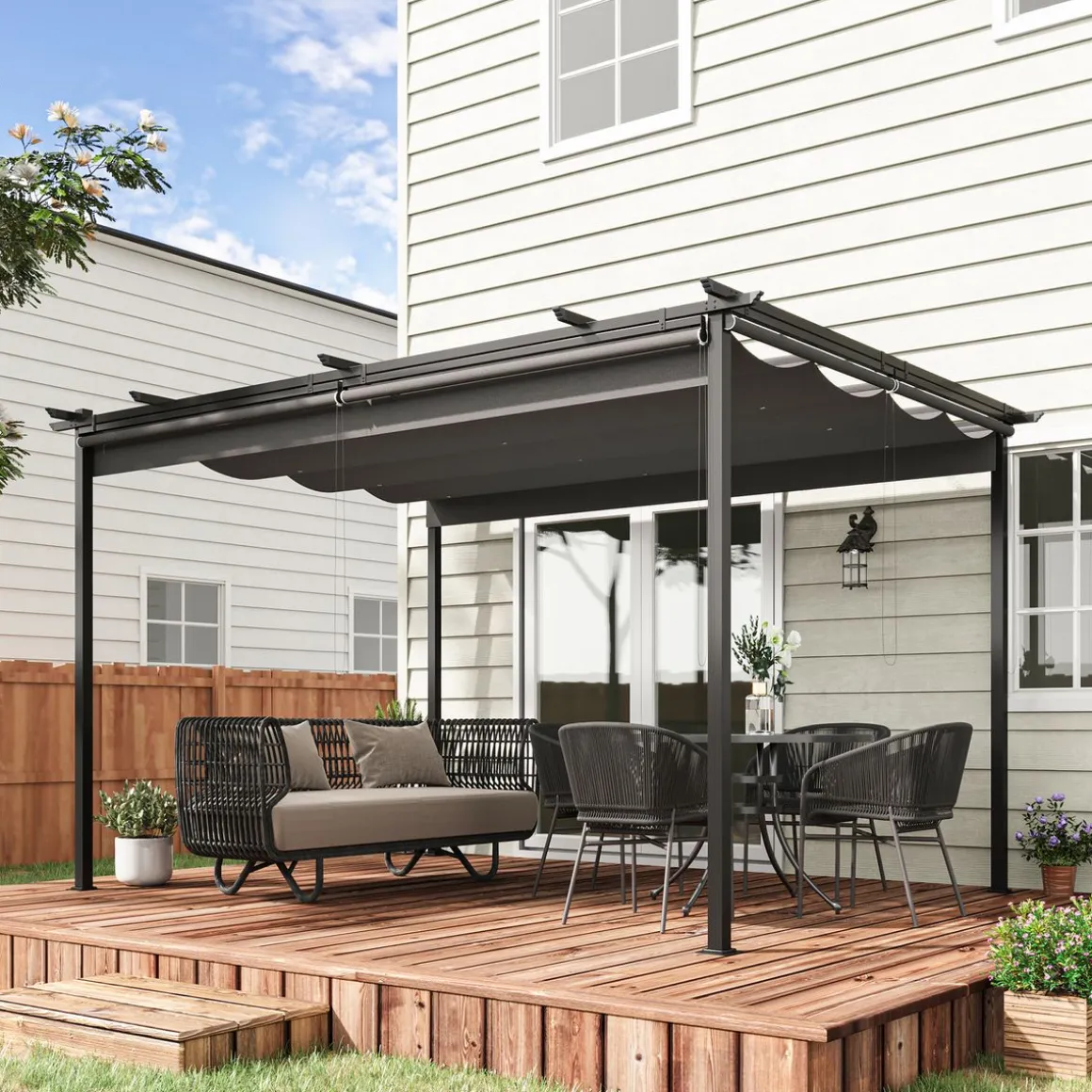 Pérgola de jardín Outsunny techo retráctil 4 cortinas enrollables gris oscuro 4x3m