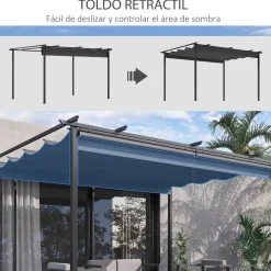 Pérgola de jardín Outsunny techo retráctil 4 cortinas enrollables gris oscuro 4x3m