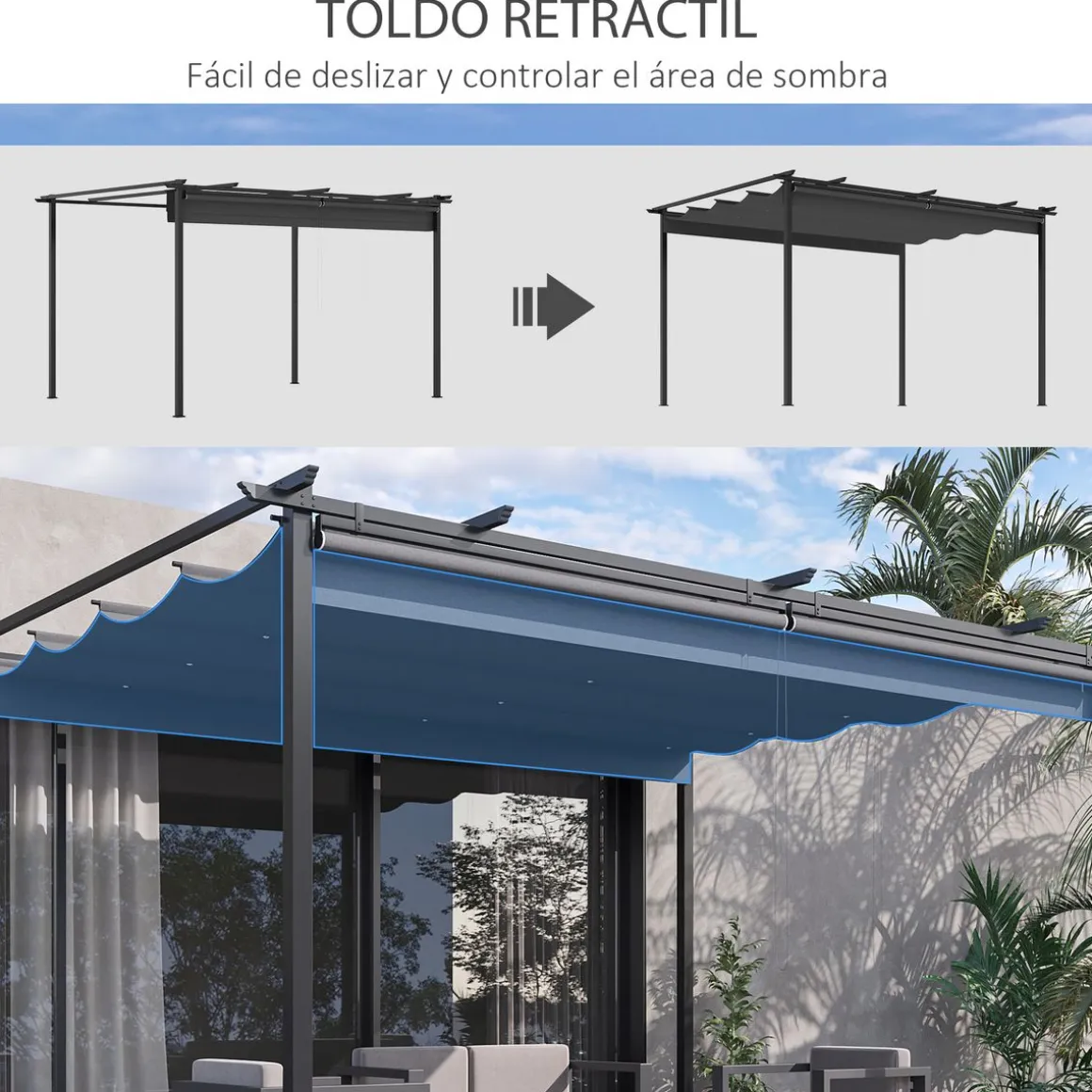 Pérgola de jardín Outsunny techo retráctil 4 cortinas enrollables gris oscuro 4x3m