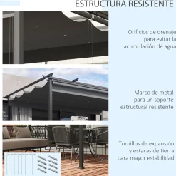 Pérgola de jardín Outsunny techo retráctil 4 cortinas enrollables gris oscuro 4x3m