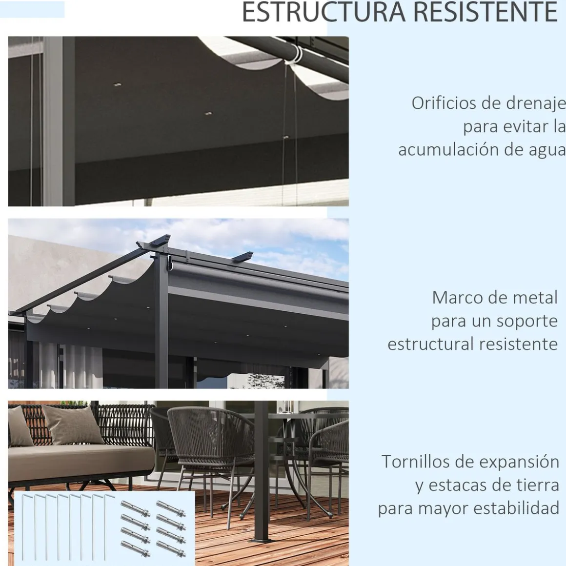 Pérgola de jardín Outsunny techo retráctil 4 cortinas enrollables gris oscuro 4x3m