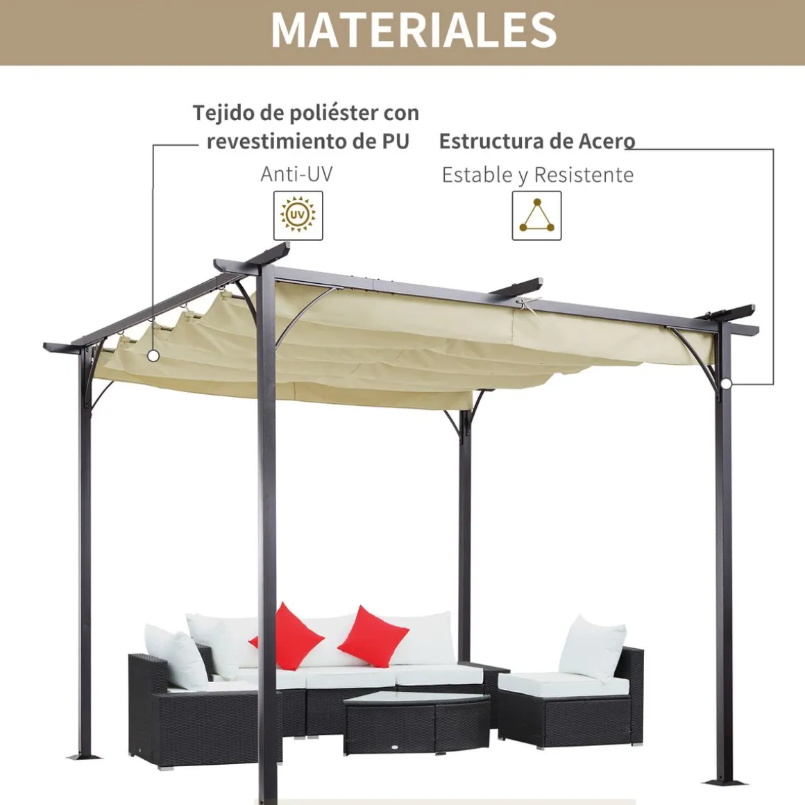 Pérgola de jardín Outsunny techo retráctil crema 3x3m