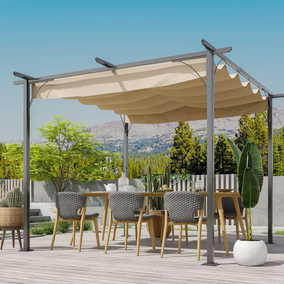 Pérgola de jardín Outsunny techo retráctil crema 3x3m